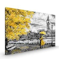 Yellow Umbrella London Big Ben Art CANVAS Premium Glossy Coated with Metal Hanger Various Sizes. (CANVAS - size 22 x 16 Inch, 02 Yellow)