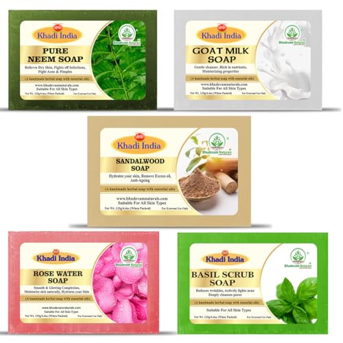Image of Khadi Organic and Natural Handmade Bathing Soap for Men & Women | Assorted Herbal & Chemical-Free Face and Body Soap for Gentle Cleansing & Healthy Skin (Assorted Bathing Soap (Pack of 5))