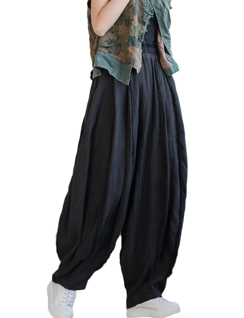 NFYM Women Cotton Linen Wide Leg Elastic Waist Patchwork Pumpkin Style Distressed Trousers