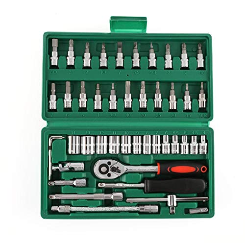 46 Piece 1/4” Socket Wrench Set Metric Tool Kit with Wrench Handle, Extension Bars, Flexible Extension Rods,Bits, Quick Release Reversible Ratchet, Drive Spanner Socket Set for Car Motorcycle Repair