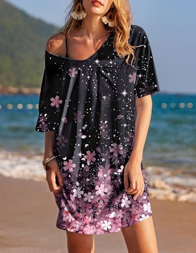 Image of Ekouaer Womens Tshirt Nightgown Cotton V Neck Sleepshirts Comfy Casual Nightshirt for Women