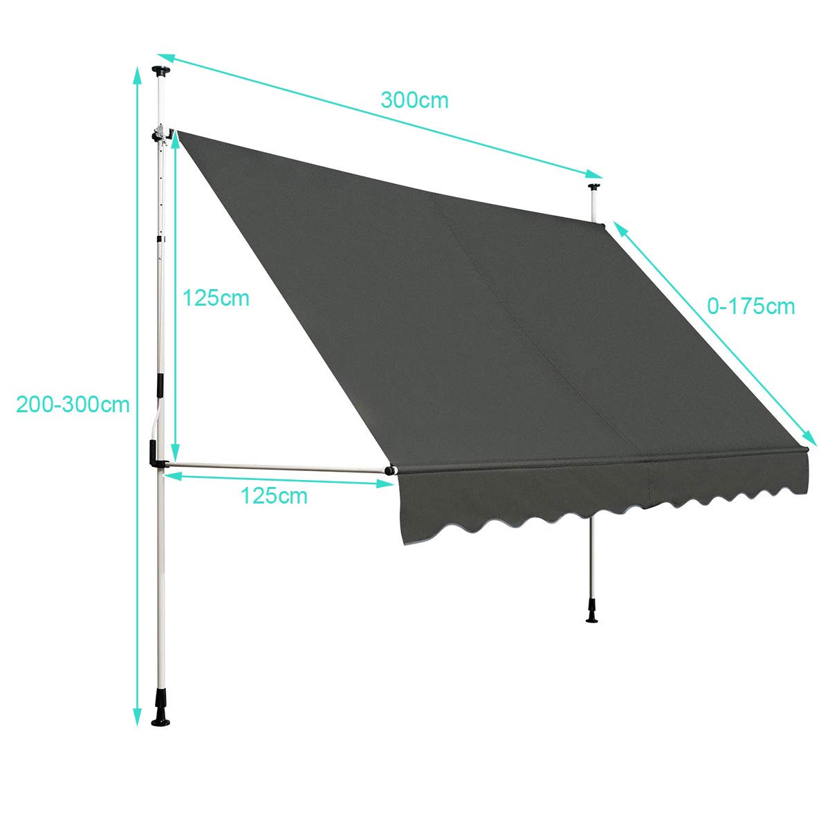 RELAX4LIFE Klemmmarkise 300 cm breit, Markise Balkon ohne Bohren, Höhenverstellbare Balkonmarkise mit Handkurbel, Sonnenschutz für Terrasse Balkon Veranda (300x175cm, Grau)