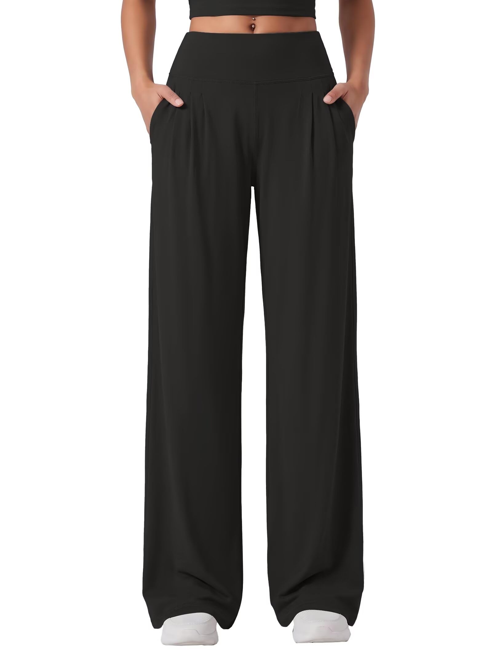 Sunzel Women's High Waisted Wide Leg Pleated Yoga Pants with Pockets | Buttery Soft 4-Way High Stretch, High Waist Loose Fit, Side Pockets, Pleated Casual Lounge Trousers for Daily Yoga Work — Black by Amazon