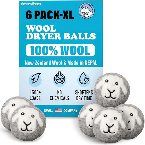 Smart Sheep Wool Dryer Balls - 6-Pack - XL Premium Natural Fabric Softener...