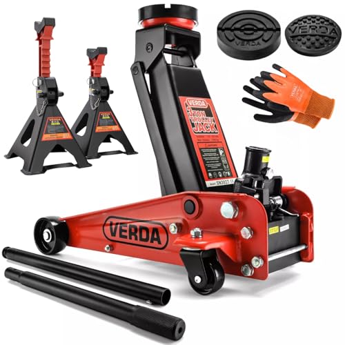 Wagenheber 3T, 130-490mm + 2X Gummi + Handschuhe Rangierwagenheber, Profi, Tief, Doppelpumpsystem, Heber, Werkstatt, Wohnmobil, Geländewagen PKW (Wagenheber 3T +2X Unterstellbock Sicherung Gummi)