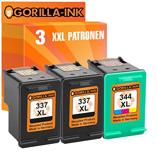 Compatibile con HP 337 & 344 Gorilla-Ink Set 3 cartucce compatibili con HP 337 XL & HP 344 XL DeskJet 5940 5950 6940 6980 6985 6988 Officejet 100 150 Mobile H470 Pro K7100  BK per 20 ml & CL 21 ml