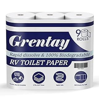 Rapid Dissolving RV Toilet Paper Septic Safe, Camping Toilet Paper Biodegradable 9 Mega Rolls, 500 Sheets, 3 Ply RV & Camper Accessories for Travel Marine, Camp, Boat and Motorhome (Inches, 4 x 4)