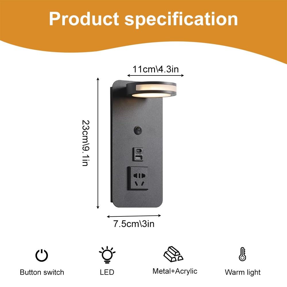 Jadssox Verstellbare LED-Wandleuchte Mit Schalter, USB-Ladeanschluss Und 350°-Drehung, Ideal Als Nachttischlampe, Leselampe Oder For Wohnzimmer Und Schlafzimmer(Black)