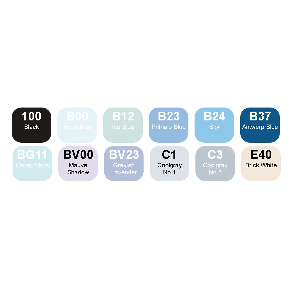 COPIC Classic Set "Winter-Farben", 12er Set im Acryl-Display, Twin Marker mit einer mittelbreiten und einer feinen Spitze