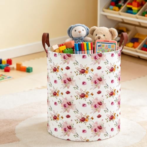 Image of 62L Vintage Rose Floral Laundry Hamper with Durable Leather Handle,Collapsible Storage Bin(Retro Pink Flowers）