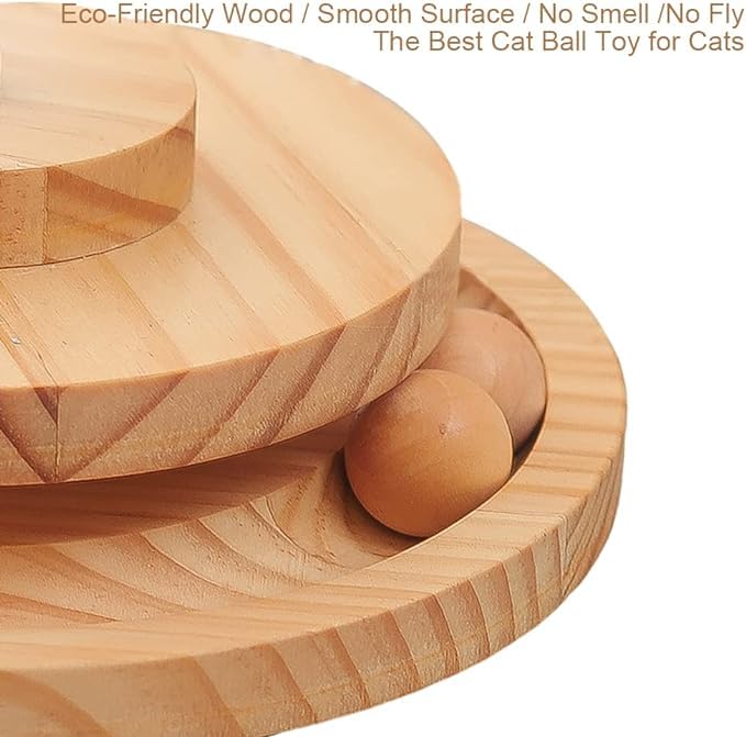 Image of Cat Treat Dispenser, Fun Interactive Cat Toys, Brain Stimulating Slow Feeder Leaky Toys with Wooden Track Turntable, Catnip, Spring, 2 Roller Balls with Leak Hole Diameter 0.5 inch, Small