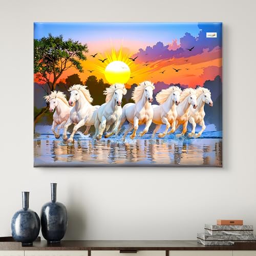 Image of 7 Horses Painting - Rising Sun Canvas Painting for Wall Decoration | 24 x 18 Inch 7 Horse Canvas on 7mm MDF with 400 GSM Canvas | Vastu Wall Decor for Living Room & Bedroom