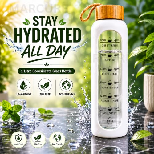 Image of Borosilicate Glass Water Bottle with Silicone Sleeve | Natural Bamboo lid | perfect for Home, Fridge, Office, Gym, Travel | BPA Free | White