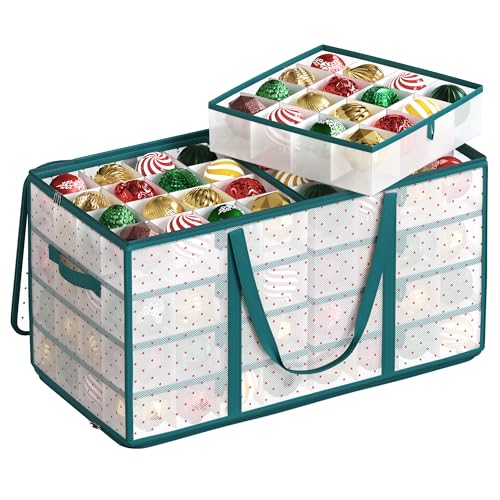 SONGMICS Boîtes de Rangement pour Noël, Coffre pour Boules de Noël et Décorations, 128 Compartiments, Séparateurs Modulables, 64,5 x 33,5 x 34 cm, Vert Forêt RFB029C01