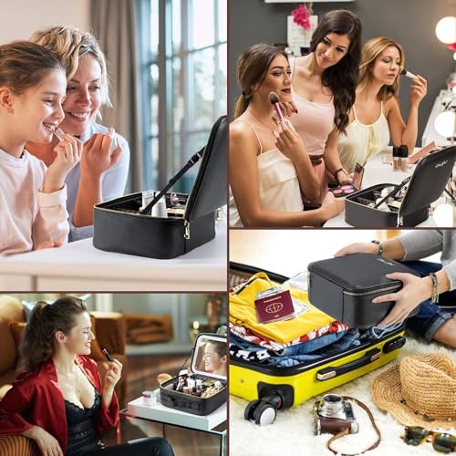 Image of Friza Travel Makeup Case With Led Light Mirror, Waterproof Vanity Bag With 3 Adjustable Color Brightness Cosmetic Bag Train Case Organizer With Adjustable Dividers (Black)