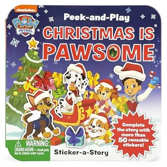 PAW Patrol Christmas Is Paw-some, blue book cover featuring the PAW Patrol characters wearing Santa hats and holding green gifts.