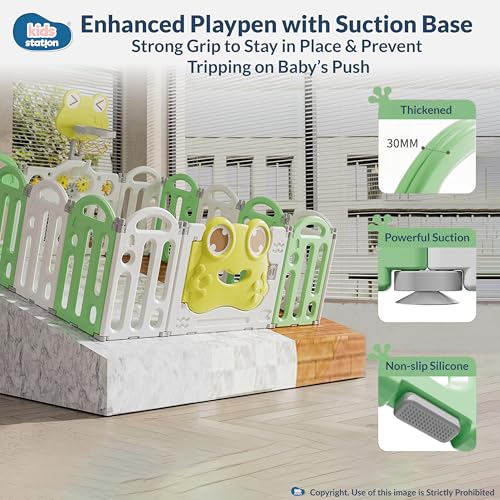 Image of Kids Station Frog Design Baby Play Yard 150 x 180 with Playmat & 20 Colourful Balls, Secure Playpen for Infants & Toddlers, Breathable Mesh, Anti-Fall, Home Use (Green)