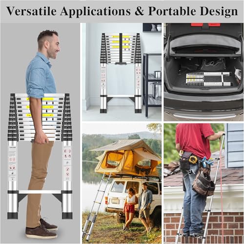 Image of Telescoping Ladder, 16.5 FT Aluminum Extension Ladder 330 Lbs, Silver | Telescopic & Retractable, Collapsible Extendable Ladder for House, Roof, RV & Travel Trailer