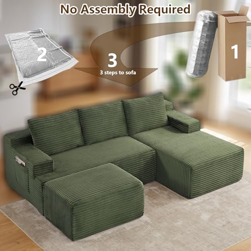 Image of 96 inch U-Shape Cloud Couch, Modern Modular Sectional L-Shape Sofa with Ottoman, Corduroy Upholstered Couches Deep Seat Sleeper Chaise Longue for Living Room, No Assembly Required(Green, Right Facing)