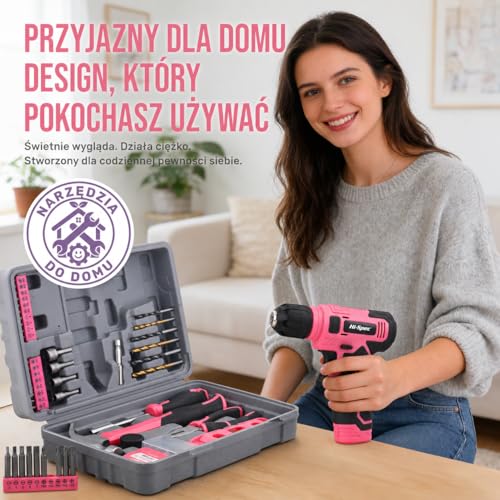 Hi-Spec Różowy Zestaw Narzędzi z Wiertarko-Wkrętarką Akumulatorową 8V USB – Bezprzewodowy Elektrowkrętak dla Kobiet, Zestaw DIY do Domu, Kompaktowa Walizka
