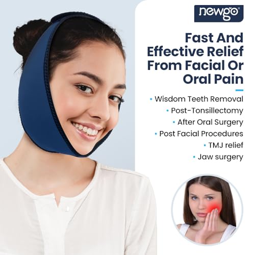 Image of NEWGO Wisdom Teeth Ice Pack Head Wrap Jaw Ice Wrap for Face Oral Surgery Pain Relief, Face Ice Pack with 4 Hot /Cold Packs for Facial, Chin, Jaw - Dark Blue
