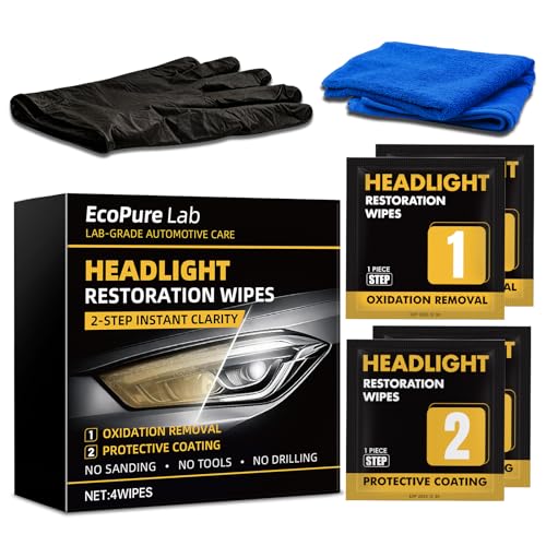 EcoPure Lab 2-Step Headlight Restoration WipesNo Sanding Car Headlight Restoration Kit with Oxidation Remover&Ceramic Coating UV Protection Restore Clear Polycarbonate Lenses(1 Pack)