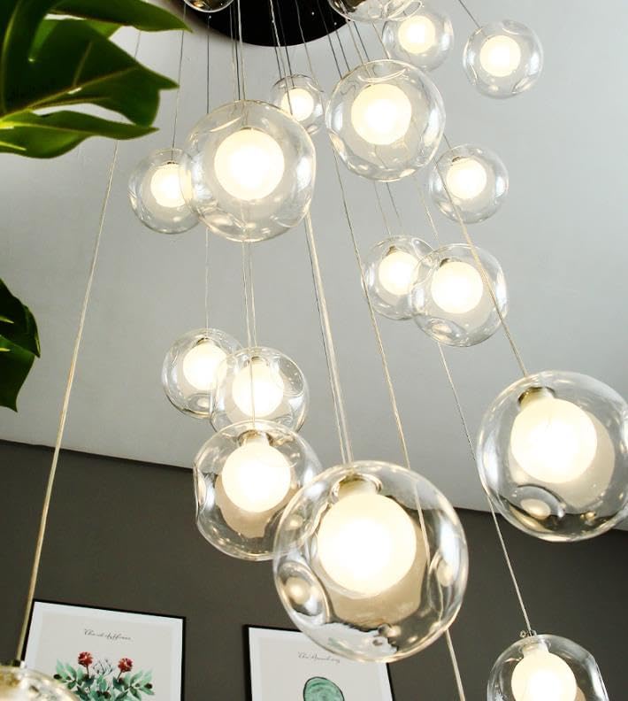 Miniatura 8 de Candelabros largos para techos altos, lámpara colgante moderna de bolas de cristal, lámpara colgante de gota de lluvia, accesorios de iluminación