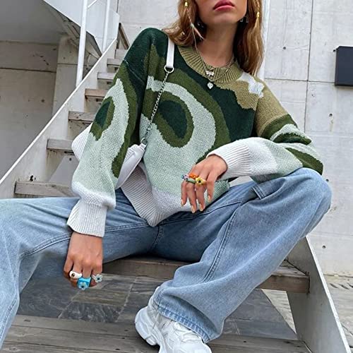 Image of MISSACTIVER Women Casual Knitted Mock Neck Sweater Print Colorblock Long Sleeve Loose Fit Pullover Knitwear