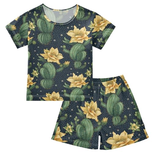 ALAZA Cactuses Flowers Dots Navy Pajama Set Short Sleeve Sleepwear Soft Lounge Nightwear