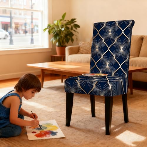 Image of Nuxovilar 4PCS Dark Blue Gold Line Floral Grid Stretch Covers