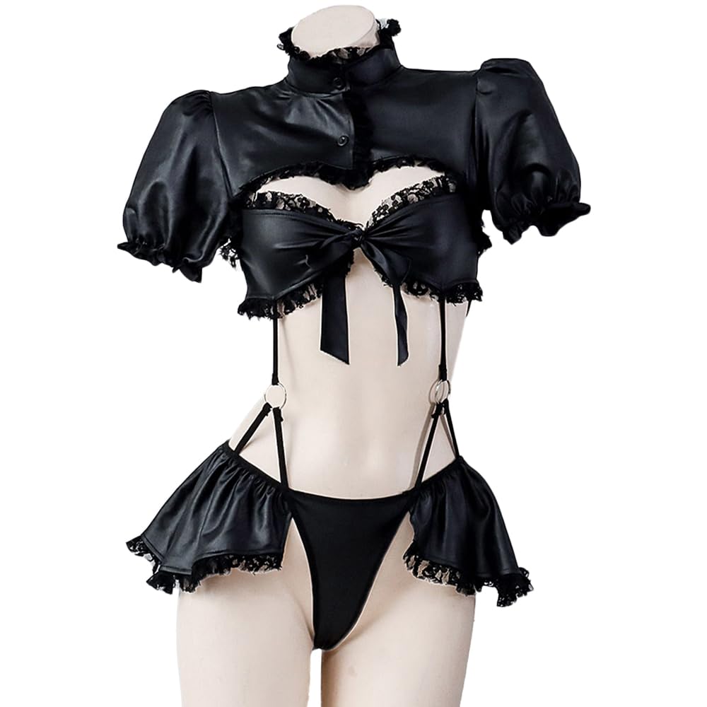 Mobbunny Goth Bodysuit Ruffled Lace Bodysuit Puff Sleeves High Collar Hollow One Piece Bodysuit: One Size Black