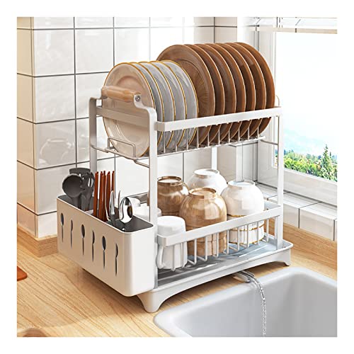 2-Tier Dish Drying Rack | Carbon Steel Dish Drainer for Kitchen Counter | Auto-Draining Tray & Silverware Holder | 36x24.5x37.5cm (14.1x9.6x14.7in) | White Finish