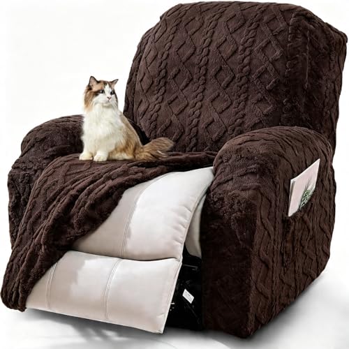 Image of JOKIVTOU Recliner Chair Covers 4-Pieces Stay in Place Non-Slip Recliner Cover Stretch Furniture Protector Washable Slipcover for Lazy Boy Recliner Soft Feel Fitted Reclining Cover with Pocket