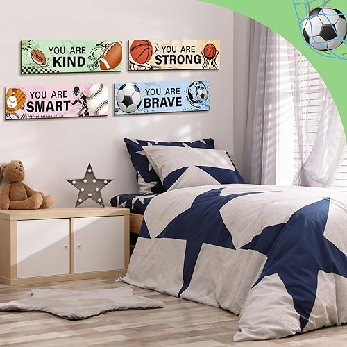 Geetery 4 Pcs Sport Bedroom Wall Decor Boys Room Decor for Kids Soccer Basketball Baseball Football Wall Art Inspirational Wooden Hanging Sign for Boys Girls Kids Nursery Playroom Kindergarten - Image 6