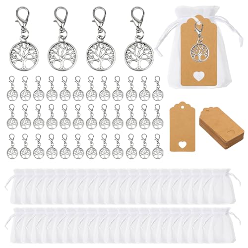 Keboyoe 40 Pièces Porte Clés Arbre Argenté 40 Pochette Cadeau Organza et Etiquette Kraft Sachet D'arbre de Vie Invité Pochette Pendentif Décoration Cadeau...