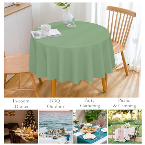 Image of Mulbozy 12 Pack Sage Green Round Tablecloth, 84 Inches Plastic Table Cover, Premium Disposable Round Party Tablecloth for Restaurant Dinners, Wedding, Grad Party, BBQ, Outdoor Camping