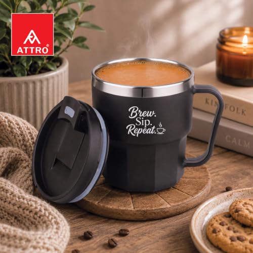 Image of ATTRO Sipzo Double Wall Inner Steel Coffee Mug, 350ml, Microwave Safe, Stainless Steel Inner, BPA Free Food Grade Outer, Leakproof Lid with Dust Cover, Wide Mouth, Office & Travel Mug-Brown