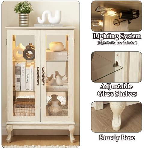 Image of 43 inch H Lighted Curio Cabinet Display Case, Glass Curio Cabinet with Adjustable Shelves & Tempered Glass Door, Wooden Cabinets with Mirrored Back Pane for Living Room (Antique White)