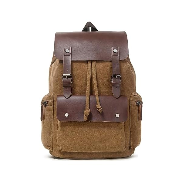 Vintage-Leather-Backpack-Canvas-Laptop-Rucksack-Knapsack-for-Men-Women-Vegan-Daypack-College-Travel-Computer-Bag-Fits-156-Inch-Laptop-Brown LUNLOPIK Canvas Laptop Backpack, Vintage Daypack for Men Women, Brown Travel Work Rucksack College Computer Bag Bookbag Fits 15.6 Inch Laptop, Brown