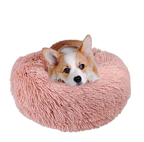 Dog Bed Cat Bed Pets Bed Donut Cuddler Round Dog Bed Comfortable Long Plush Round Dog Bed and Cat Bed (S 23.6''x23.6'', Pink)