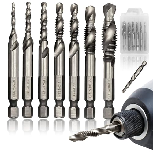 7-Teiliges Bohrer-Gewindeschneider 2-in-1 HSS Gewindeschneider Set (M3/M4/M5/M6/M8/M10) Gewindebohrer Set mit 1/4 Sechskantschaft Integriertes Bohrer-und Gewindebohrer für Metall Kunststoff