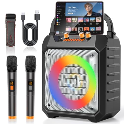 Máquina de karaoke portátil con 2 micrófonos inalámbricos, altavoz de karaoke Bluetooth con sistema PA para adultos, fiestas, uso doméstico, compatible con BT/TF/USB/AUX/FM, grabación, luces LED