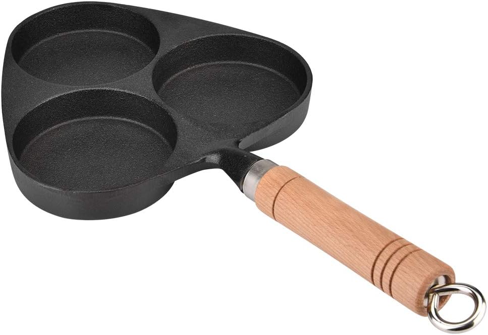 Egg Frying Pan Nonstick, 3 Divider Cast Iron Grill Pan Breakfast Omelette Skillet with Wooden Handle Fried Eggs Cooker Pot for Burger Pancake Steak