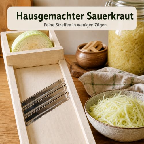 Foto von MS-Steinzeug Krauthobel aus Holz 80x30cm, 3 Edelstahlmesser, Wellenschliff