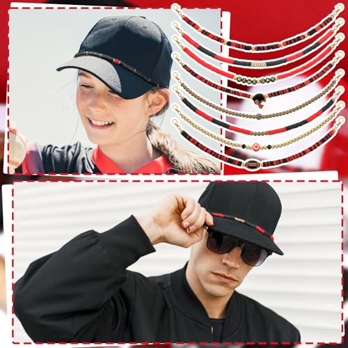 Image of Geyoga 9 Pcs Trucker Hat Chains Trucker Hat Charms Women Man Bill Decoration Detachable DIY Metal Chain for Mesh Baseball Cap(Black Red,Game Day)