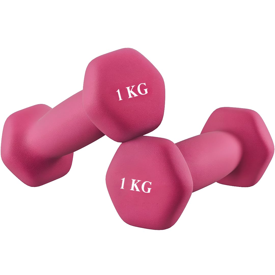 NTEK Neoprene Dumbbells Pair – Hex Hand Weights Set for Women & Men – Anti-Slip, Sweat-Resistant Dumbbell Set for Home Gym, Fitness, Pilates, Arm Workouts & Strength Training (PINK, 1 KG (1PAIR))