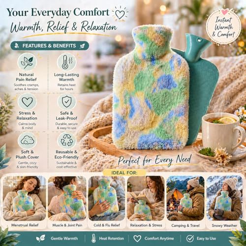 Image of Hot Water Bag with Soft Plush Cover 2000ml, Medical-Grade Silicone Hot & Cold Therapy Hot Water Bottle for Period Cramps, Back Pain, Muscle Aches & Body Relaxation & Comfort (Pastel Ombre)