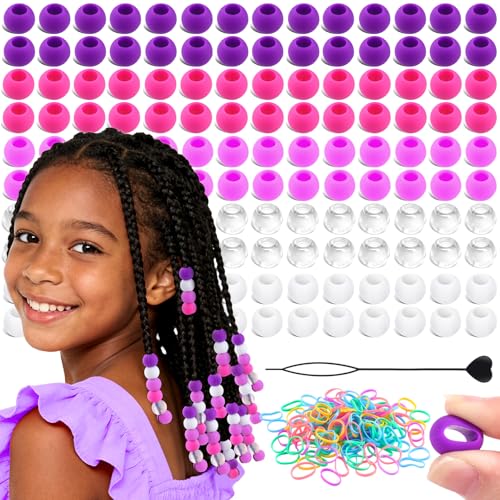 160Pcs 14mm Large Silicone Hair Beads for Braids Soft Jellyish Hair Beads with 7mm Hole + 50 Rubber Bands and 1 Beader for Braiding DIY Bracelets Necklaces Crafts (Purple)