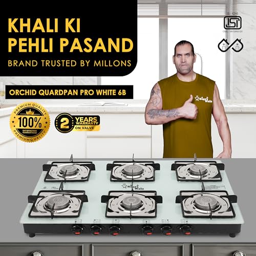 Image of Sigri-Wala 6 Burner Manual Gas Stove for Kitchen | Orchid White Toughened Glass Cooktop | LPG Compatible | High Efficiency Burners | ISI Certified