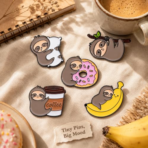 Image of 5Pcs Cute Coffee Cat Sloth Enamel Pin Set Cartoon Animal Coffee Cup Brooch Badges, Funny Lapel Pins for Backpacks, Jackets, Bags, Coffee Lover Gift